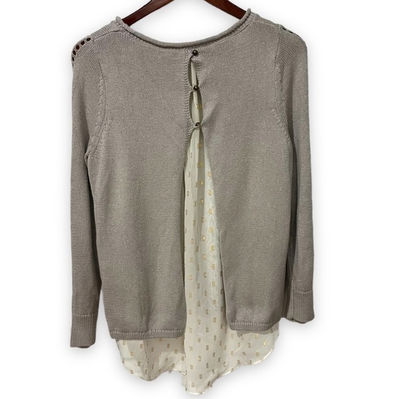LUCKY BRAND Split Open Back Sweater Sheer Layered Knit Metallic Shimmer Boho S M - Picture 4 of 14